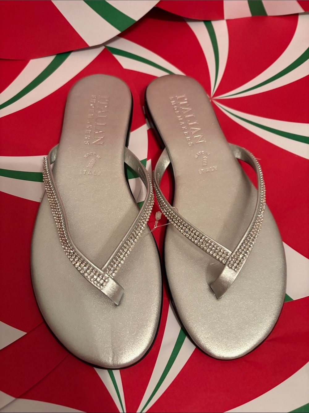 Italian Shoemakers Silver Crystal-Trim Flip Flops